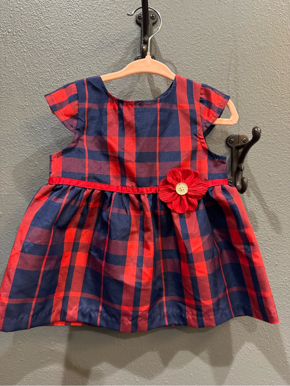 Special Occasions by Saugus Shoe Red and Navy Plaid Dress with Flower Detail